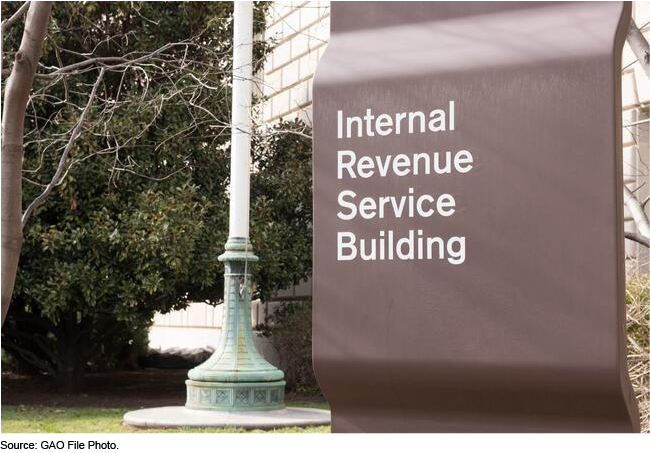 The Internal Revenue Service Building sign in Washington, D.C.