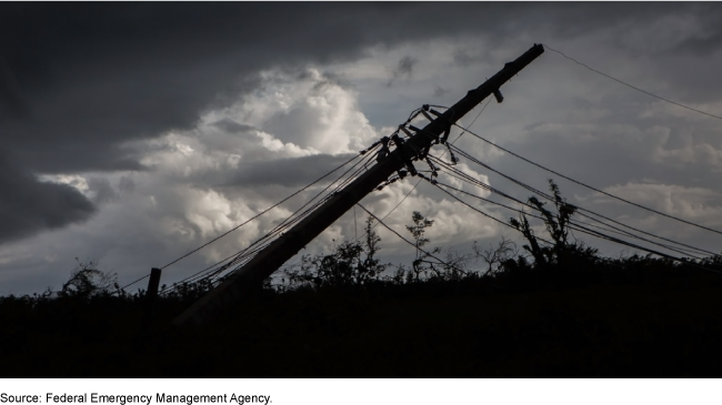 A fallen telephone pole and electrical lines