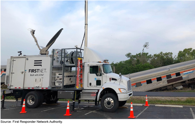 A FirstNet work truck with a derailed train car in the background