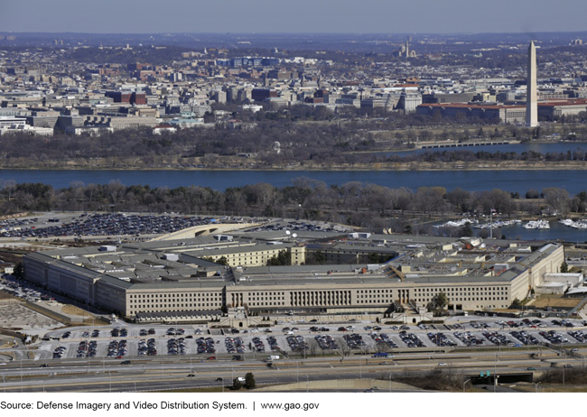 Aerial photo of the Pentagon building with the Washington monument in the background