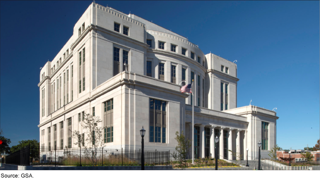 A courthouse with an American flag in front of it