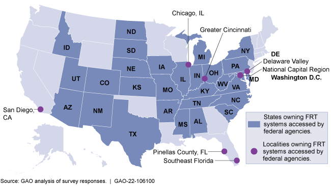 map of the United States showing the majority of states own facial recognition technology systems accessed by federal agencies