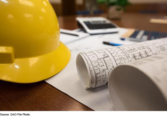 Stock image showing a desk with blueprints, a construction hard had, other papers and a calculator on top. 