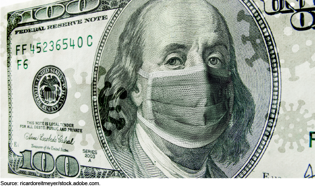 A close-up image of a 100 dollar bill showing Benjamin Franklin wearing a disposable face mask. 