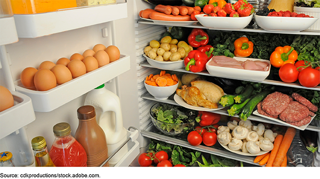 Various types of food in a refrigerator