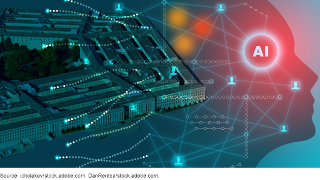 An image that depicts the U.S. Pentagon with an overlay of a face with 'AI' on it. 