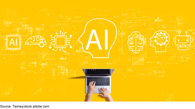 Illustration of AI showing hands typing on a laptop and cartoon sketches of different technology elements like circuits and interfaces.