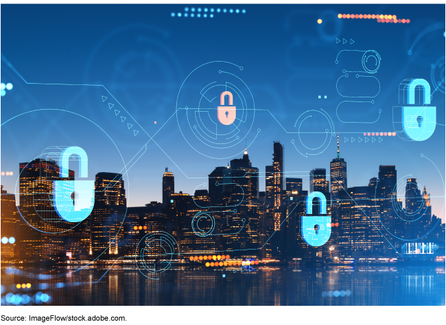 A cityscape with cybersecurity symbols and connected lines overlayed.