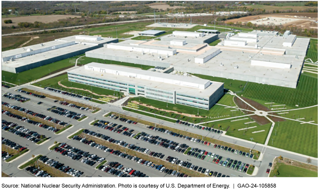 Aerial view of buildings, green space, and a parking lot filled with vehicles