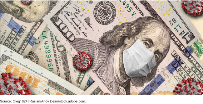 Masks and virus icons superimposed on $100 bills