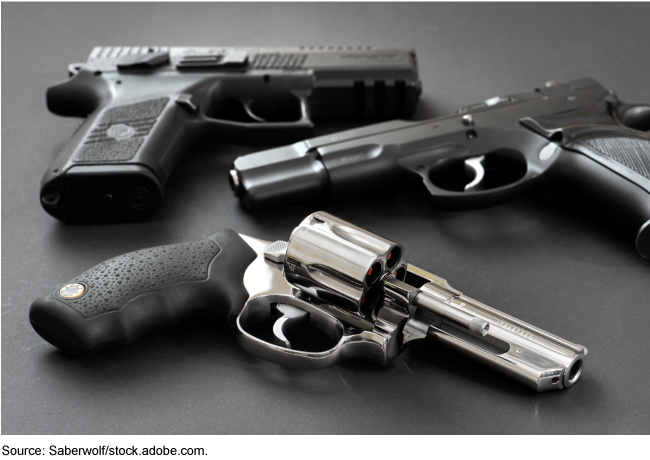 Three handguns laying on a table