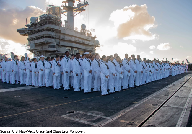 Navy service members in white uniforms at sea