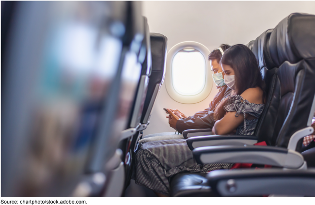 two people sitting next to each other on an airplane both wearing masks