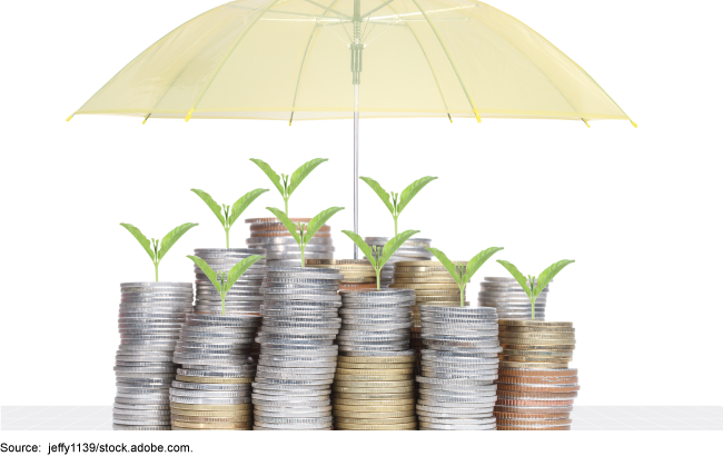 Stacks of coins with sprouts growing out of them, shielded by an umbrella.