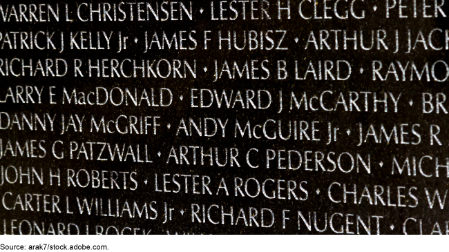 A close-up photograph of the Vietnam Veterans Memorial in Washington, D.C.