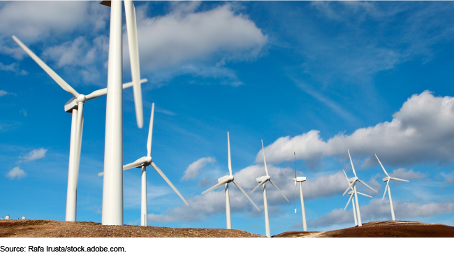 Nine wind turbines.