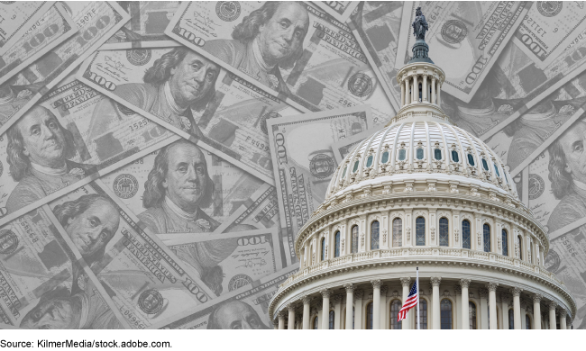 Government building superimposed over $100 bills