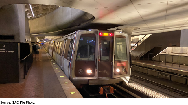 Photo showing the inside of a D.C. metro rail stop with a train approaching the platform. 