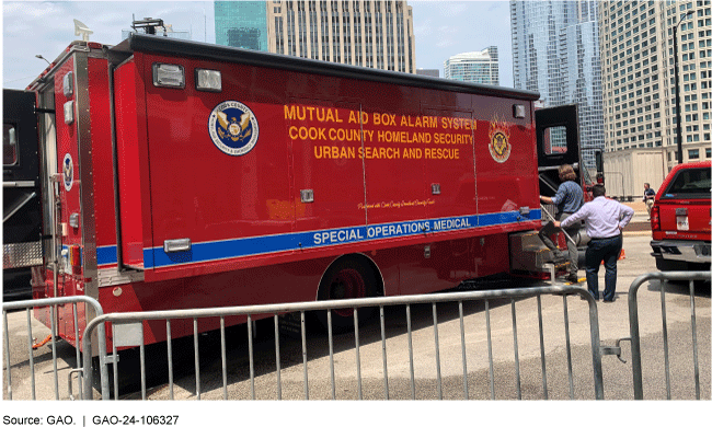 a person enters a red urban search and rescue vehicle behind a fenced off area with skyscrapers in the background