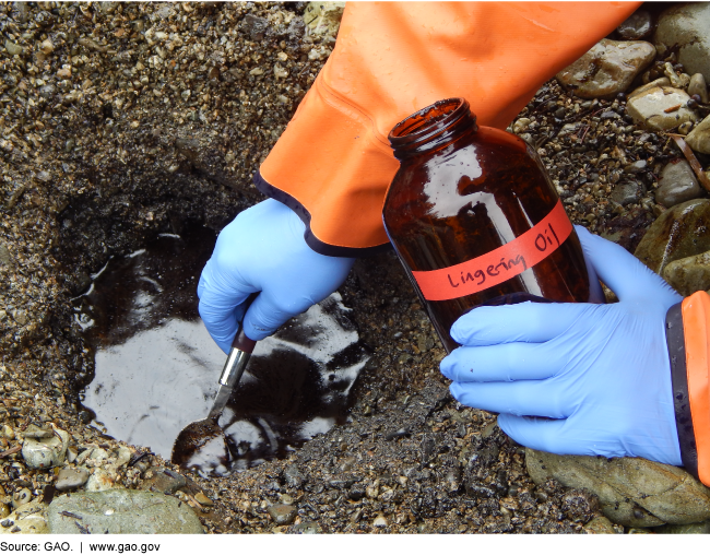 Photograph of a person's latex-gloved hands using a table spoon to scoop oil from a hole in the ground into a glass bottle.