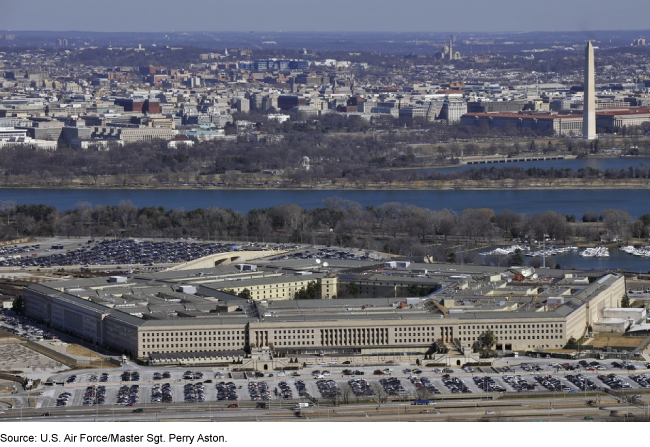 An aerial, front-facing view of the Pentagon. 
