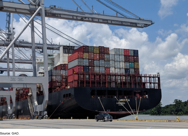 A docked cargo ship loaded with cargo containers.