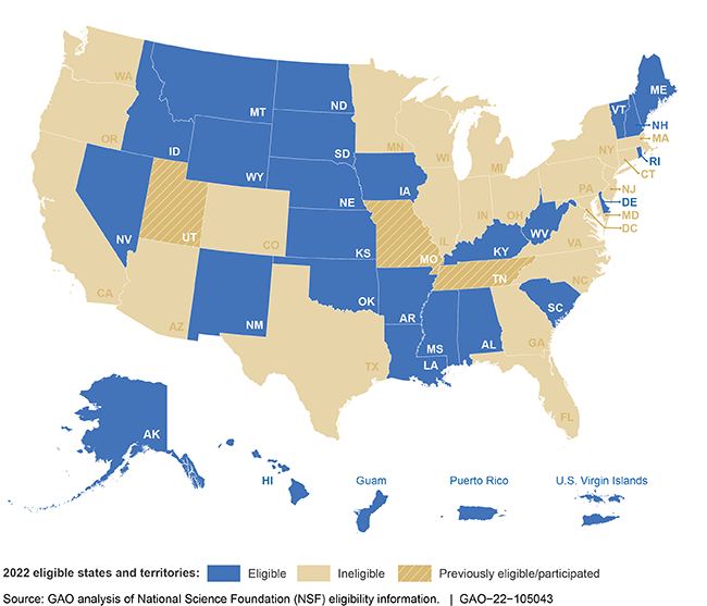 U.S. map colored blue, yellow, or yellow with white lines showing state and territory eligibility.