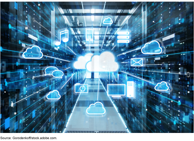 Artistic graphic image showing a hallway of computer servers with cloud and other digital icons floating between them.