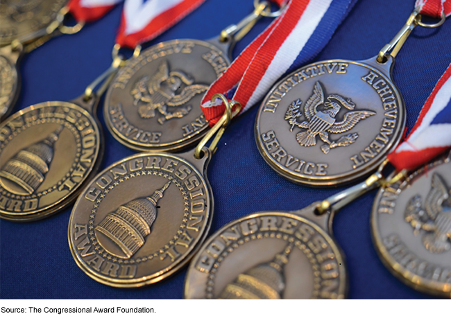 A close up of different Congressional medals that have the U.S. Capitol dome on them.
