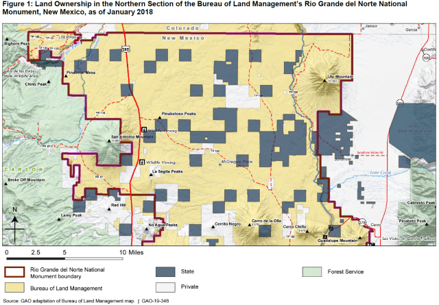 Figure Showing Land Ownership in the Northern Section of the Bureau of Land Management's Rio Grande del Norte National Monument, New Mexico, as of January 2018