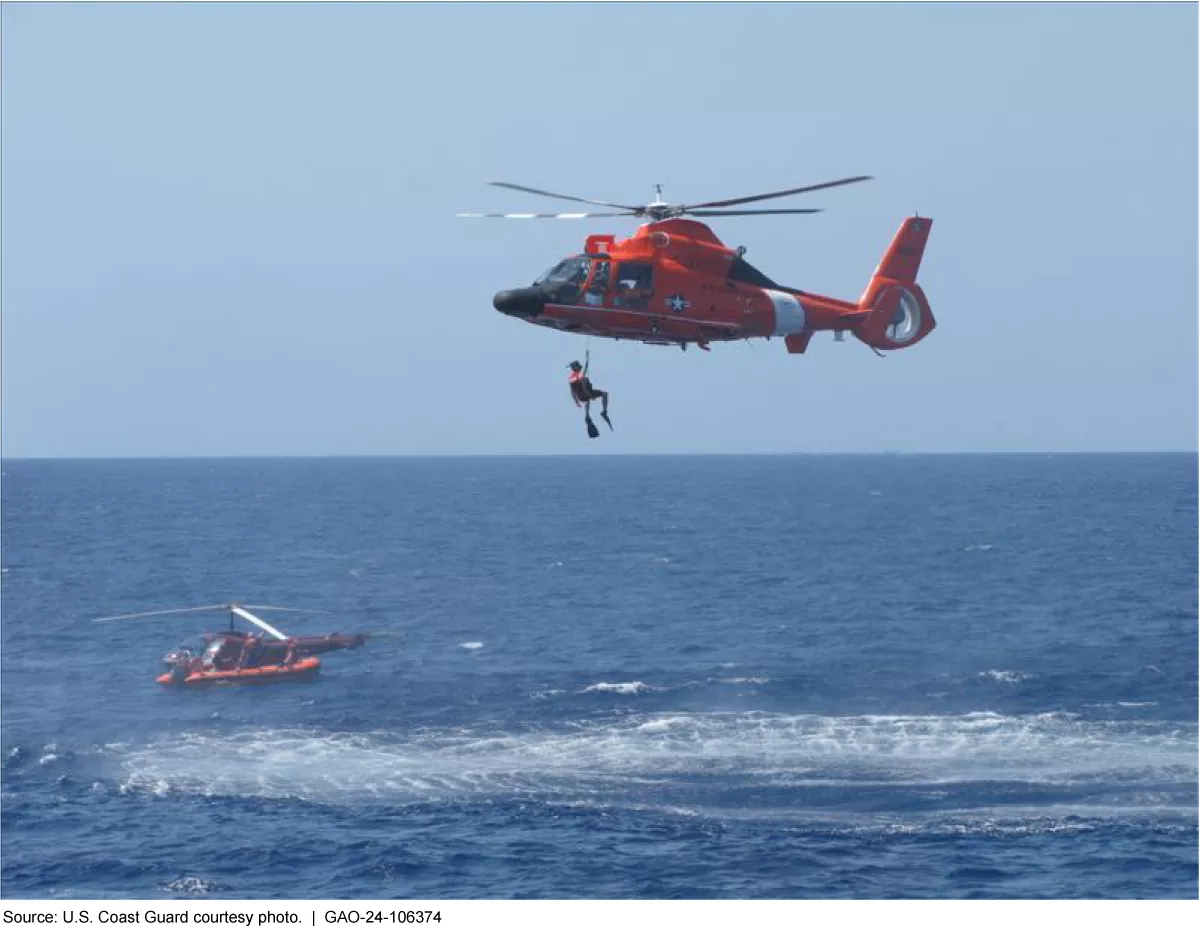 Photo showing a Coast Guard helicopter hovering over the ocean while raising a person from the water.