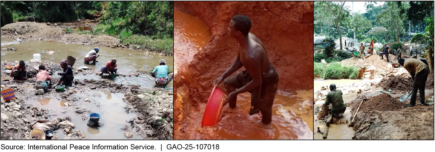 Three photos showing different gold mining locations and workers who are all knee deep in water and mud.