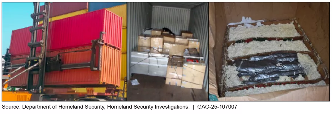 Three photos side-by-side showing the outside of a shipping container, the inside with a bunch of boxes, and then inside a box where firearms were being smuggled.