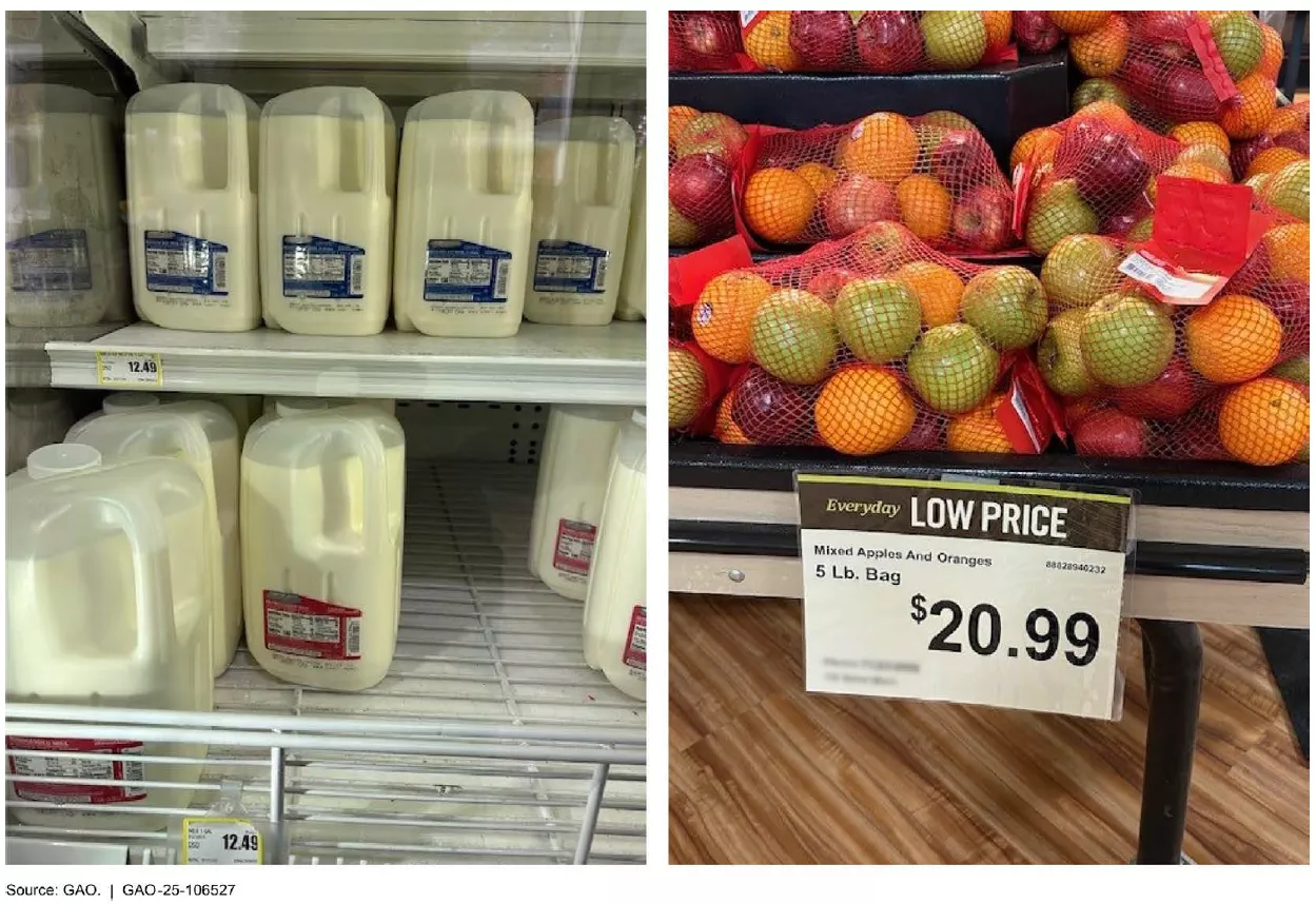 Prices of Milk ($12.49 a gallon) and fruit ($20.99 for a 5 pound bag) in Bethel, Alaska.