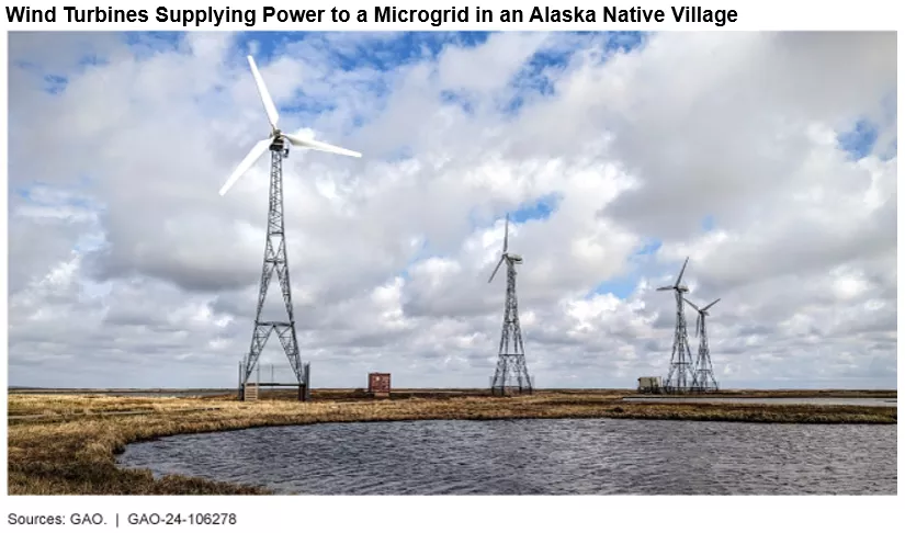 Photo of four wind turbines in a microgrid that supplies power to an Alaska Native Village.