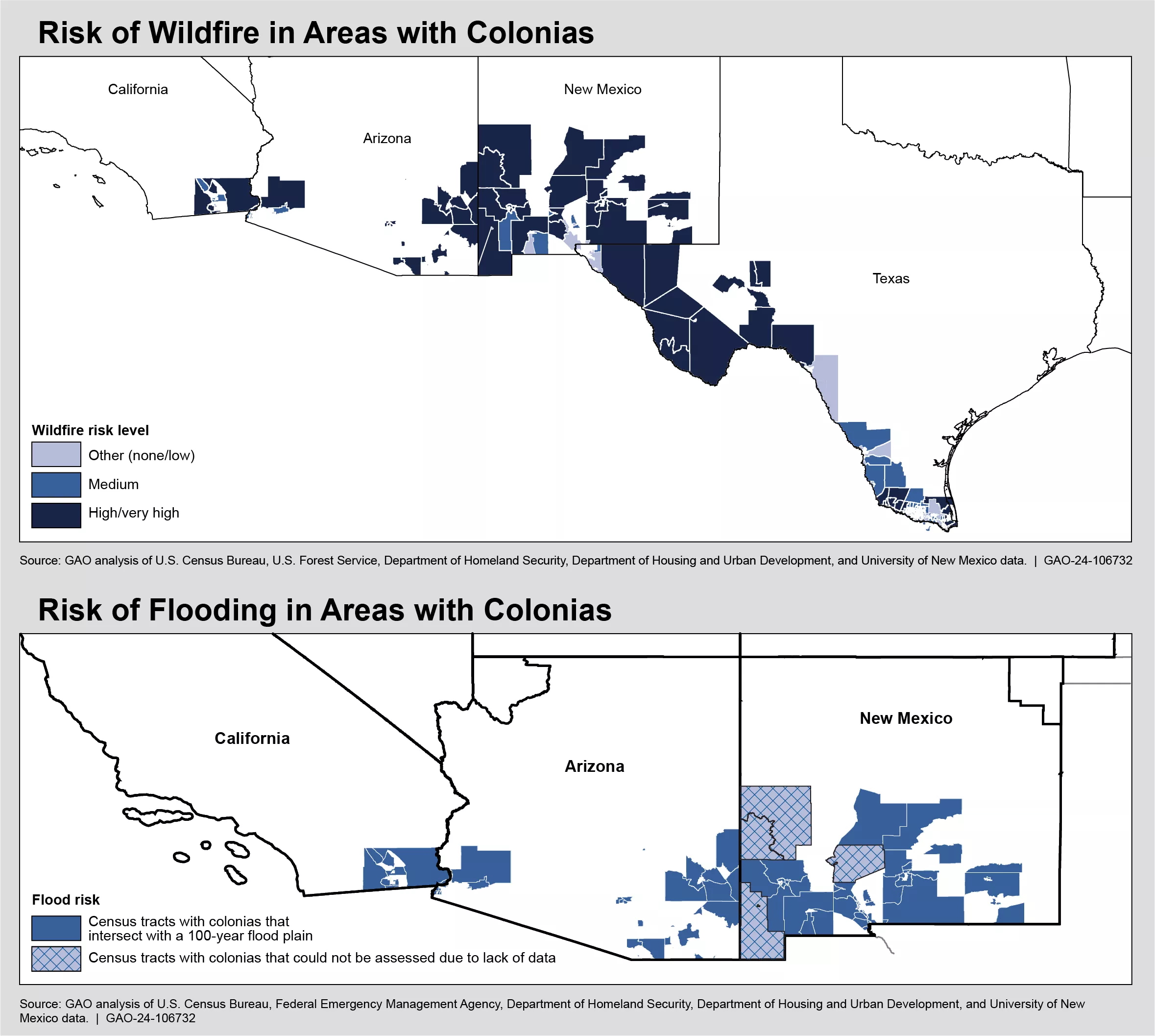 Two maps of the southwest showing areas with colonias at the risks of wildfires and flooding.