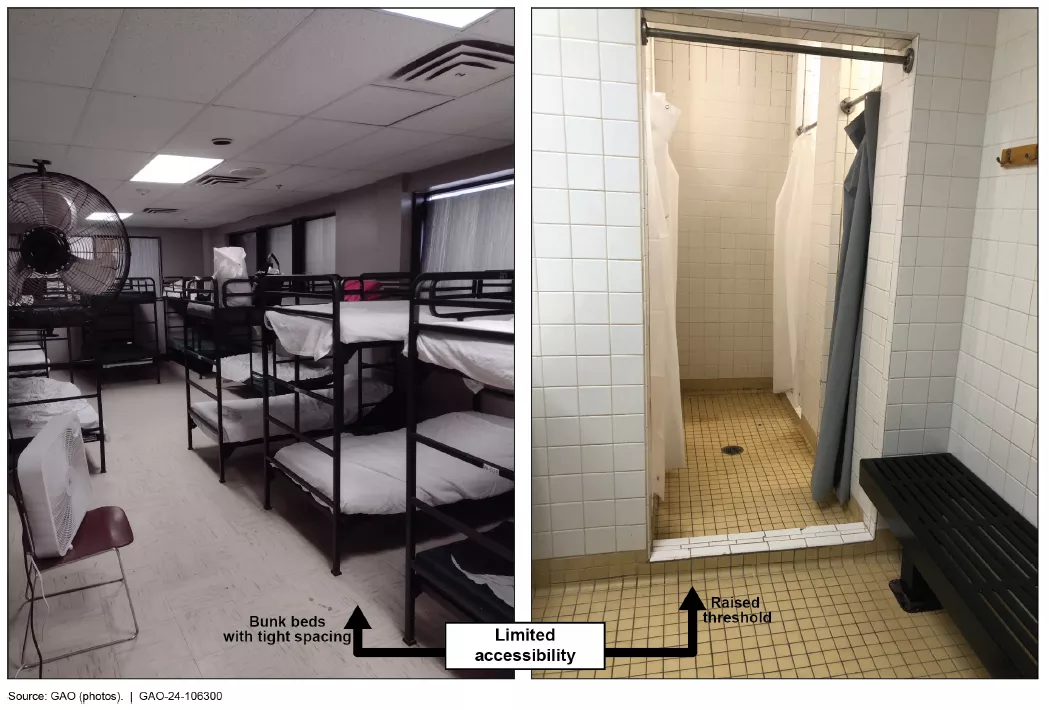 Two photos: The first shows bunk beds with white sheets in a shelter. The second shows a shelter shower that has a lip at the bottom to keep water in, but makes it harder for people with mobility issues to access.