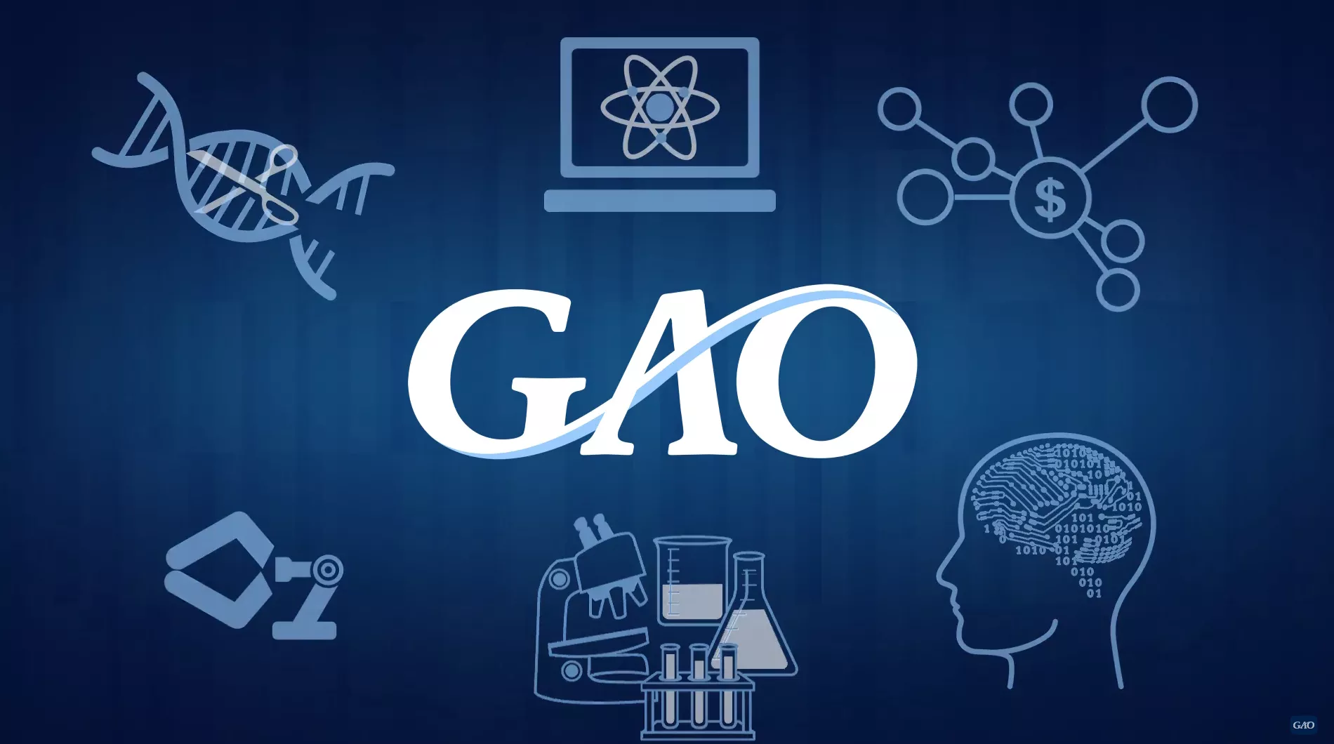 Illustration showing the GAO logo surrounded by clip-art style technology icons (like a computer). 