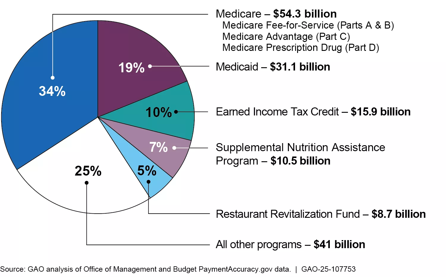 Pie chart showing areas with the largest amount of improper payments in FY 2024.