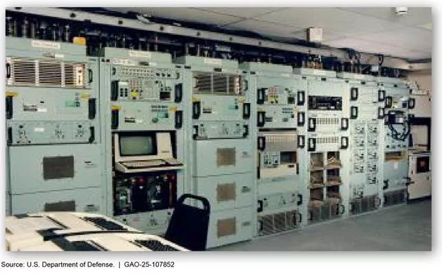 Image shows a wall of old looking computers and computer equiptment. It is a Department of Defense 1970s-era Air Force Strategic Automated Command and Control System, Still in Use in 2016