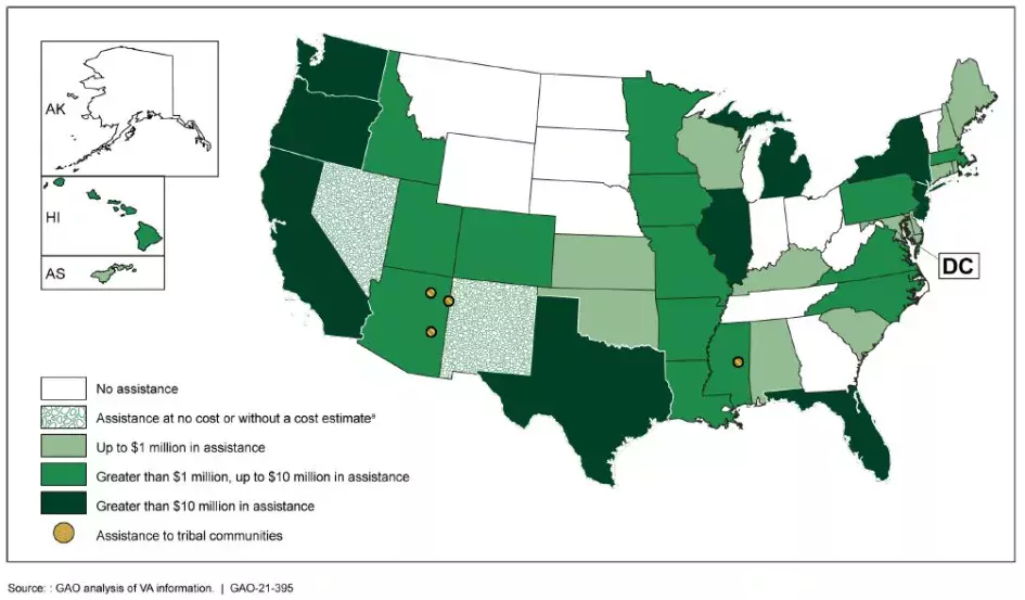 Map of U.S. showing where VA assistance was provided during COVID-19