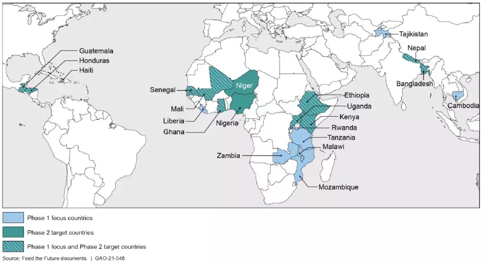 Map showing Feed the Future Countries in phase 1 and 2.