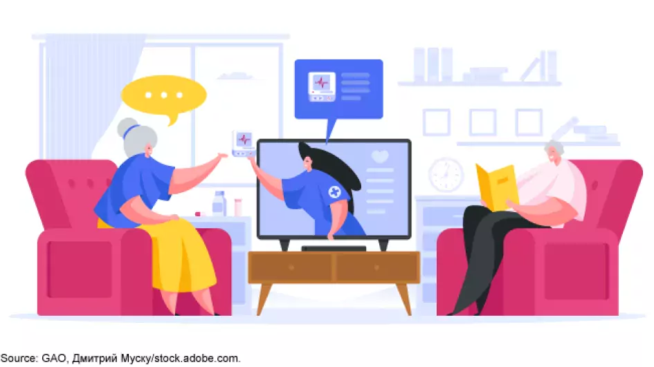 Cartoon illustration of two elderly people sitting near a TV and there's an advertisement on about a medical device product.