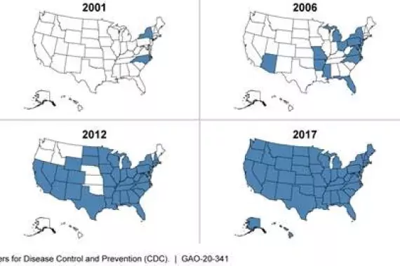 Map of the U.S. showing spread of superbugs from 2001 to 2017.