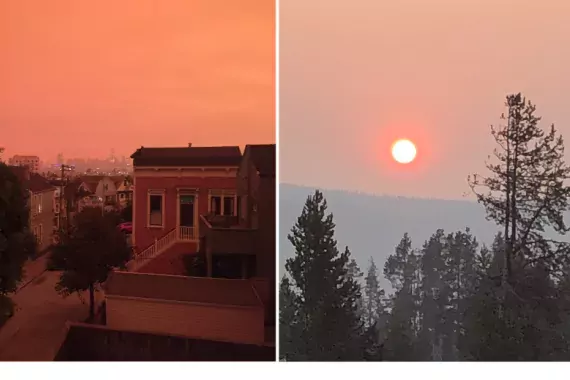 Two images side-by-side. On left, a orange sky over San Francisco. On right, orange haze over Yellowstone National Park. Both images are from wildfires occurring in 2020.