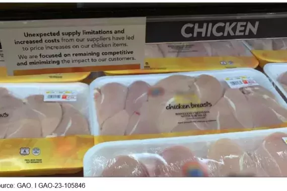 Photo showing the chicken section of a grocery store, with a sign that says supply is low which has caused a price increase.