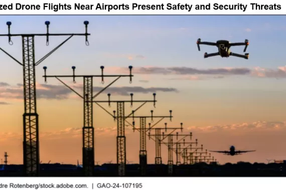 Photo illustrastion showing a drone flying near an airport with a plane in the background.